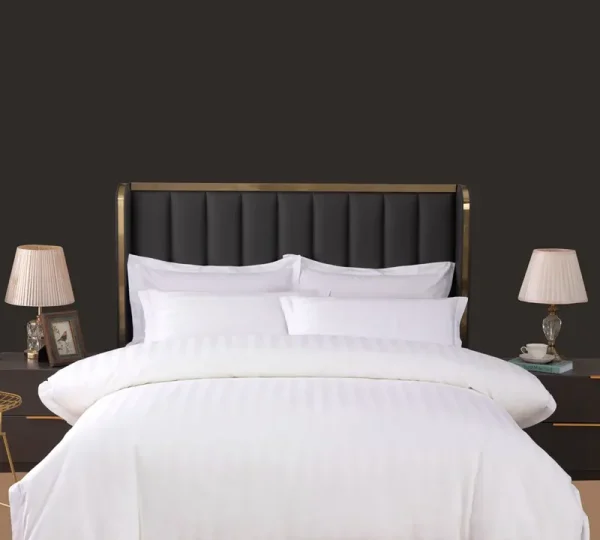 Plain White 100% Cotton 3cm Stripe Hotel Bedroom Bedding Sheet Set